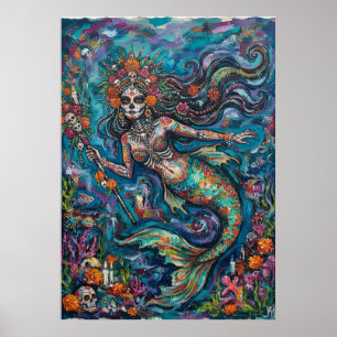 Day of the Dead Mermaid Sugar Skull Art Poster