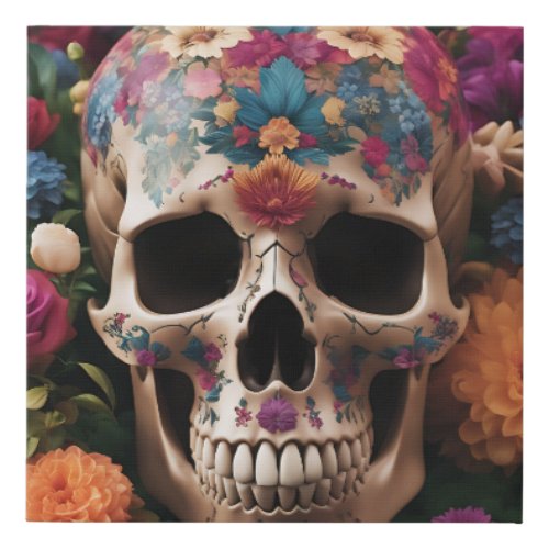 Day of the Dead Metallic Skull with Flowers  Faux Canvas Print