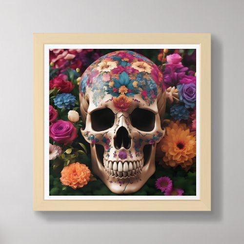 Day of the Dead Metallic Skull with Flowers  Framed Art