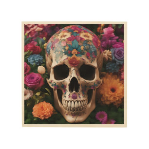 Day of the Dead Metallic Skull with Flowers Wood Wall Art
