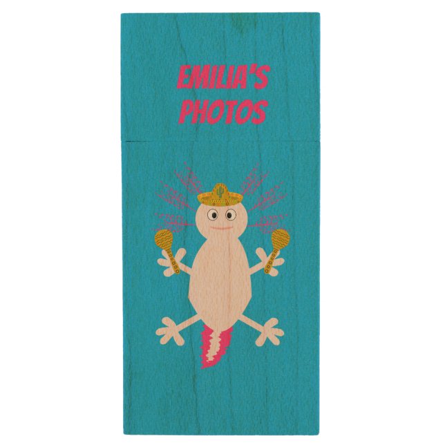 Day of the Dead Mexican Axolotl Custom Wood Flash Drive (Front Vertical)