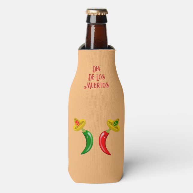 Day of the Dead Mexican Chilis Custom Bottle Cooler (Bottle Front)