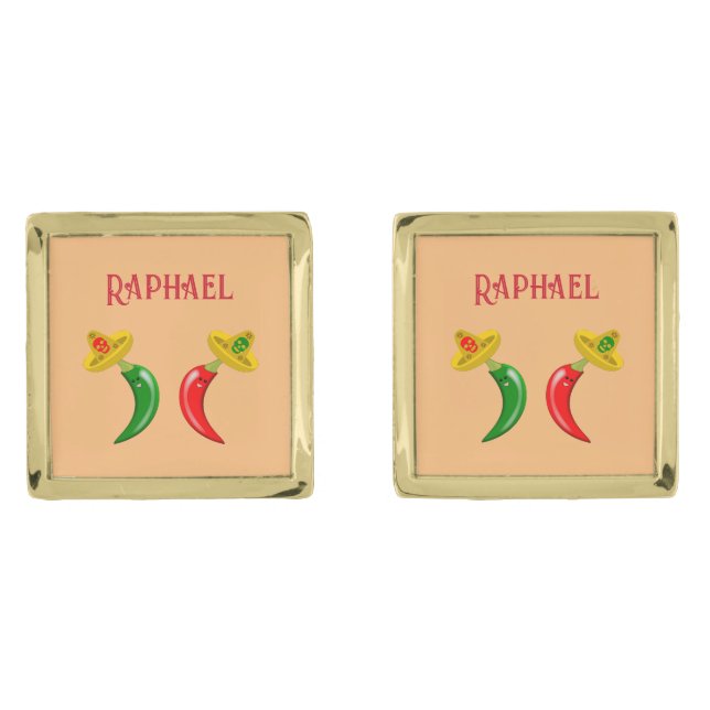 Day of the Dead Mexican Chilis Custom Name Cufflinks (Front)