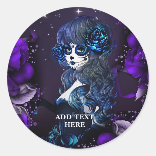 Day of the Dead Mexican Girl Birthday Party Purple Classic Round Sticker