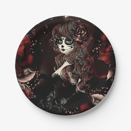 Day of the Dead Mexican Girl Birthday Party Red Paper Plates