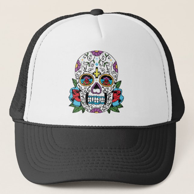 Day of the Dead Mexican Skull Trucker Hat (Front)