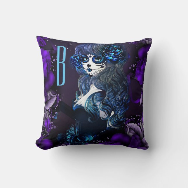 Day of the Dead Mexican Sugar Skull Girl Purple Throw Pillow (Front)