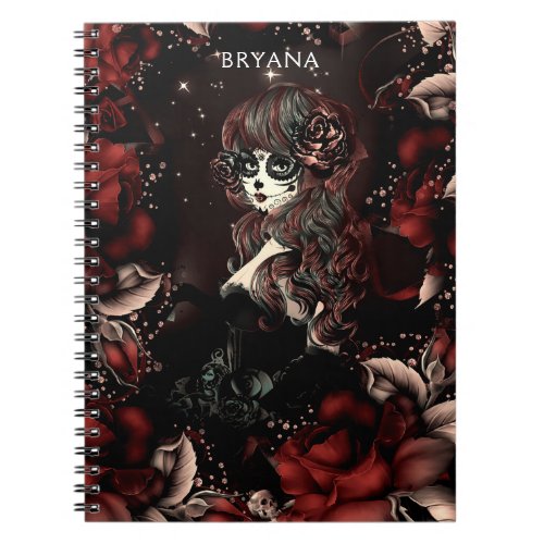 Day of the Dead Mexican Sugar Skull Girl Red Roses Notebook