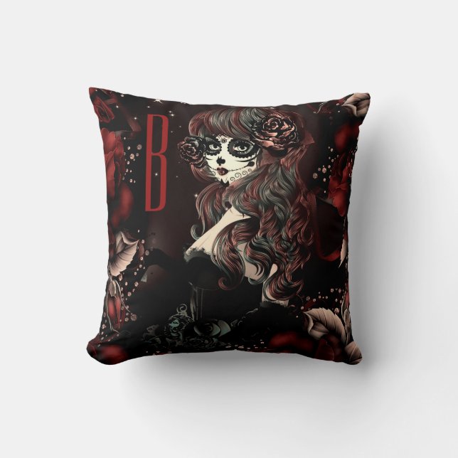 Day of the Dead Mexican Sugar Skull Girl Red Throw Pillow (Front)