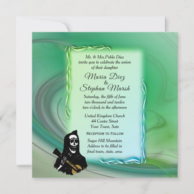 Day of the Dead Misty Green Wedding Invitation (Front)