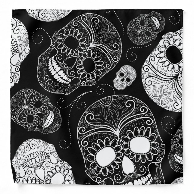 Day of the Dead Mosaic Art Black & White Bandana (Front)