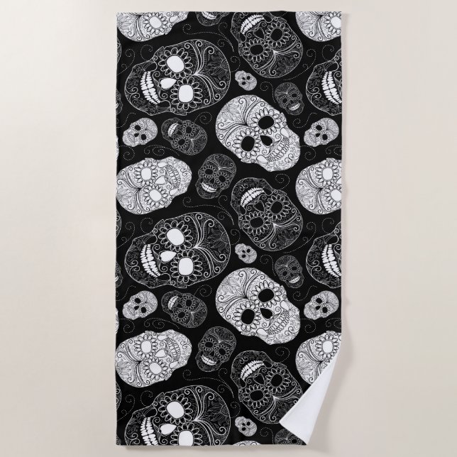 Day of the Dead Mosaic Art Black & White Beach Towel (Front)