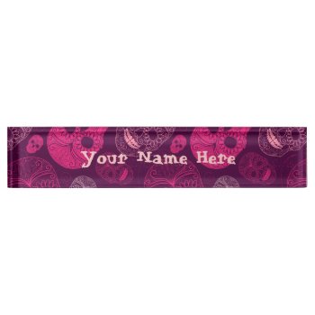 Day Of The Dead Mosaic Art Pink & Purple Nameplate by GroovyFinds at Zazzle
