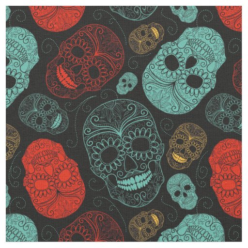 Day of the Dead Mosaic Art Red & Blue Fabric