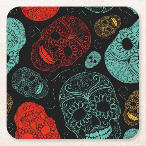 Day of the Dead Mosaic Art Red  Blue Square Paper Coaster