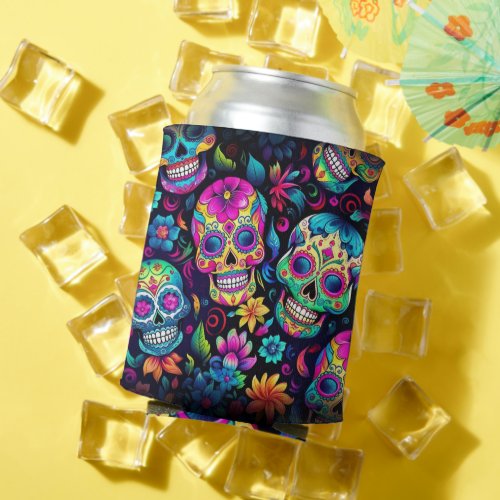 Day of the Dead Neon Sugar Skulls Can Cooler