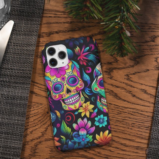 Day of the Dead Neon Sugar Skulls Case-Mate iPhone Case (Brightly colored sugar skulls in pink, yellow, blue, orange and green phone cases. )