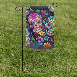 Day of the Dead Neon Sugar Skulls Garden Flag