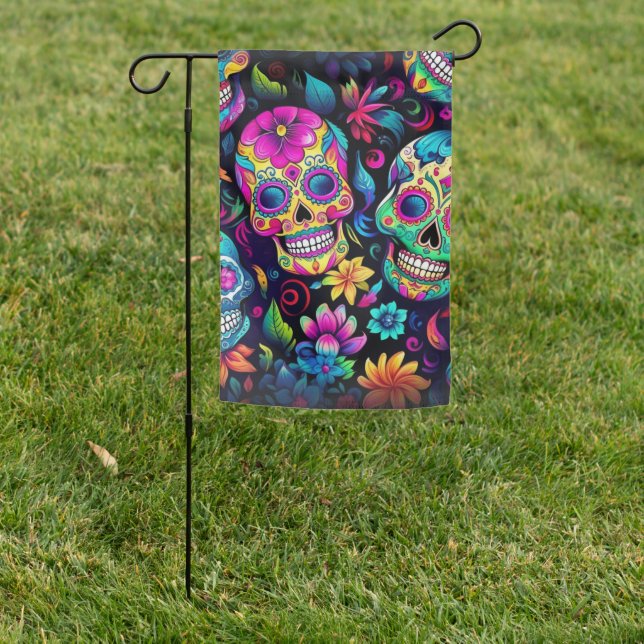 Day of the Dead Neon Sugar Skulls Garden Flag (In SItu)