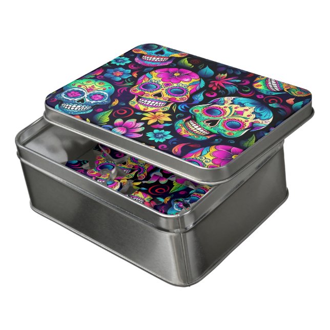 Day of the Dead Neon Sugar Skulls Jigsaw Puzzle (Lid Open)