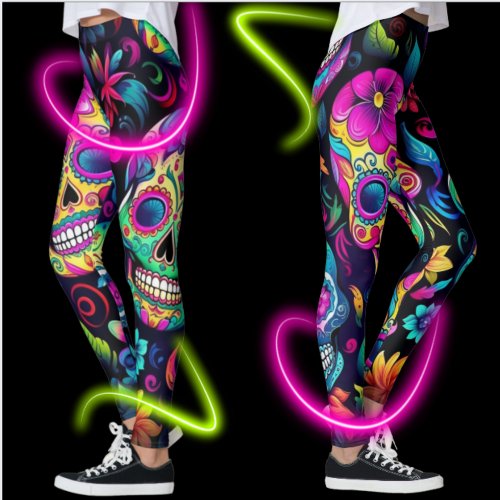 Day of the Dead Neon Sugar Skulls Leggings