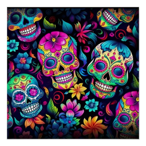 Day of the Dead Neon Sugar Skulls Poster