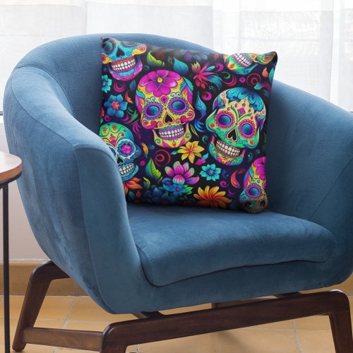 Day of the Dead Neon Sugar Skulls Throw Pillow