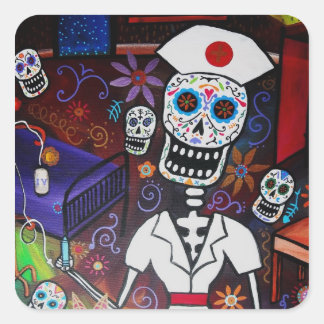 day of the dead nurse square sticker