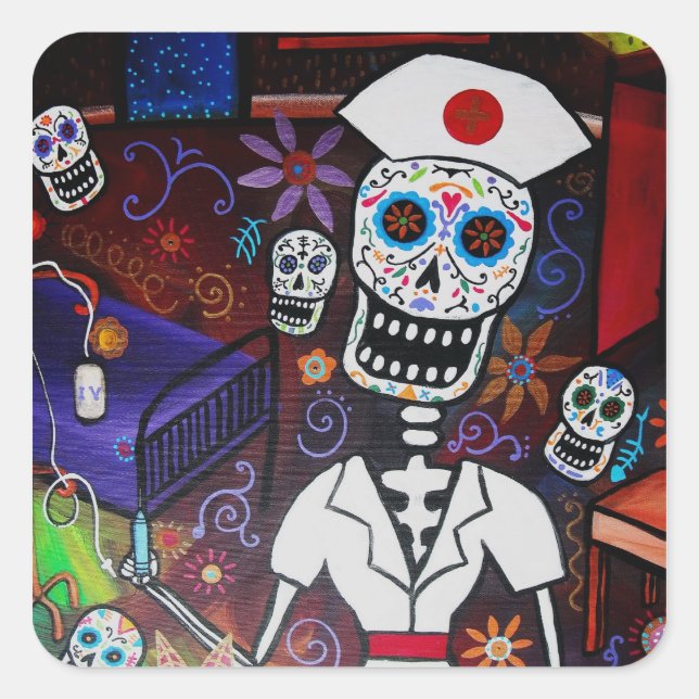 day of the dead nurse square sticker (Front)