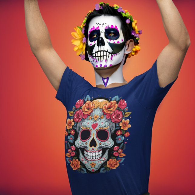Day of the Dead or Halloween Blue Sugar Skull T-Shirt (Creator Uploaded)
