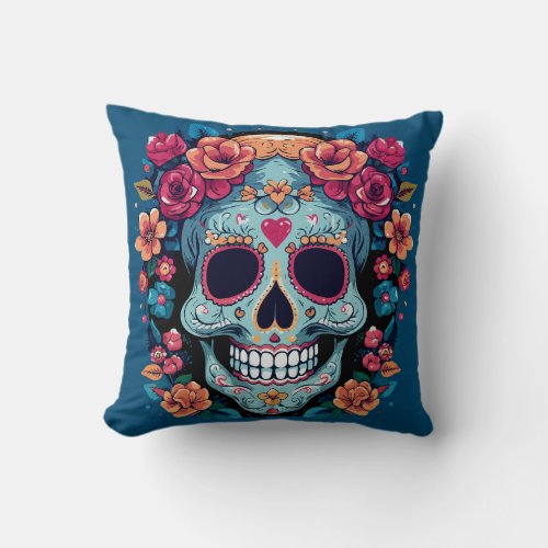 Day of the Dead or Halloween Blue Sugar Skull Throw Pillow