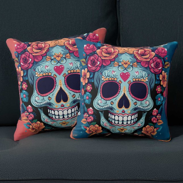 Day of the Dead or Halloween Blue Sugar Skull Throw Pillow (The background color is customizable.  Shown here with teal background on front and orange on back.)
