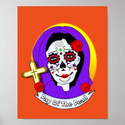 Day of The Dead Painted Lady Scrolls Roses Graphic Poster