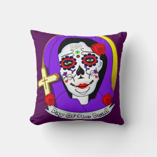 Day of The Dead Painted Lady Scrolls Roses Graphic Throw Pillow