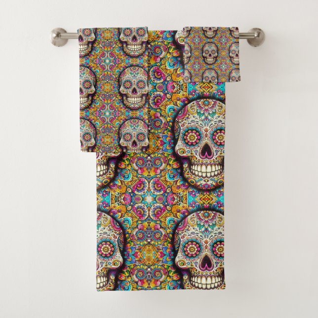 Day of the Dead Pattern Bath Towel Set (Insitu)