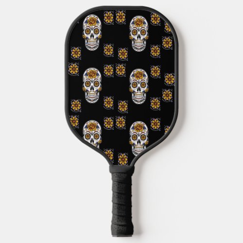 Day of the dead pattern on black pickleball paddle