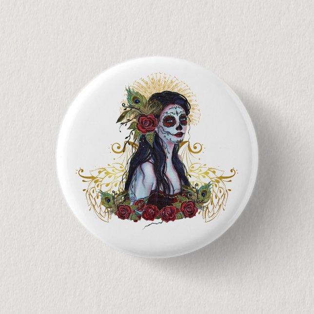 Day of the dead peacock art by Renee Lavoie Button (Front)