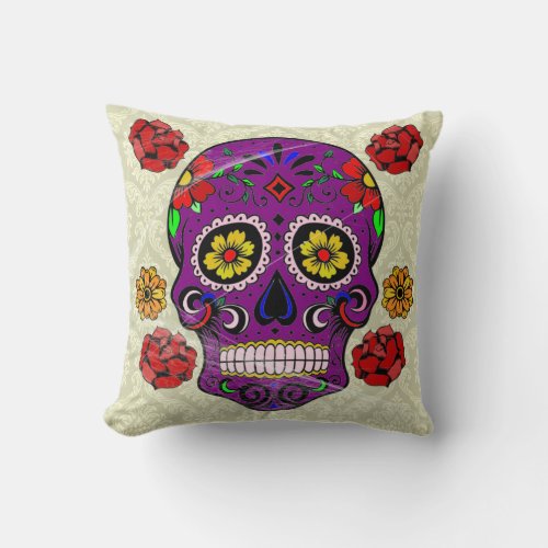 Day of the Dead Pillow Purple Sugar Skull