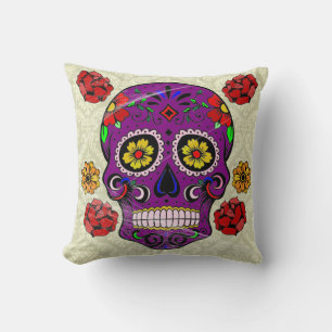 Day of the Dead Pillow Purple Sugar Skull