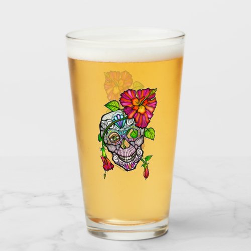 Day of the Dead Pop Art Sugar Skull Cocktail Beer Glass