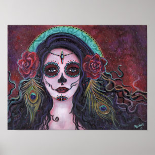 Day of the dead poster with peacock feathers