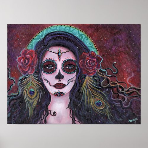 Day of the dead poster with peacock feathers
