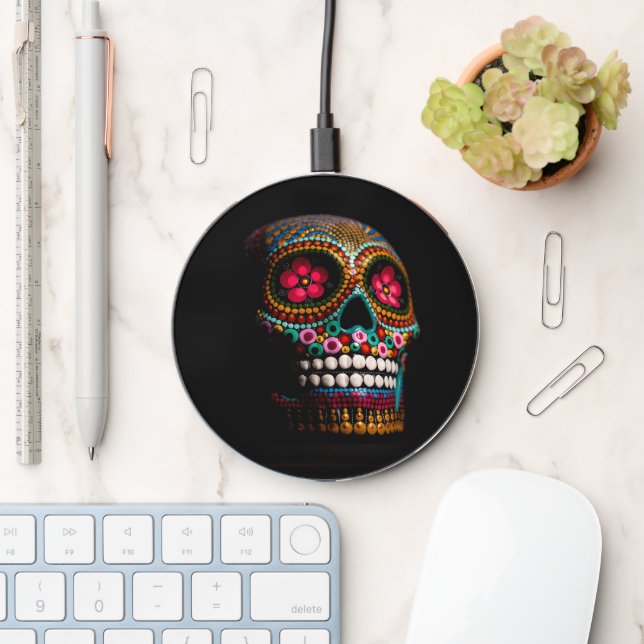 Day of the Dead, Pretty Painted Macabre Skull Wireless Charger (Desk)