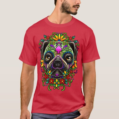 Day Of The Dead Pug Detailed Colorful Dog Illustra T_Shirt
