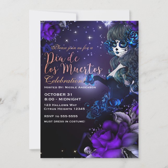 Day of the Dead Purple Blue Dia de los Muertos Invitation (Front)
