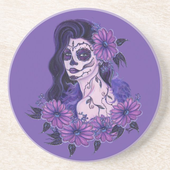  Day of the dead purple gerbera daisy art by Renee Coaster (Front)