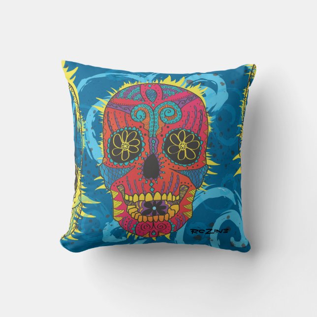 Day of The Dead Rainbow Skull Daisy Tribal Tattoo Throw Pillow (Front)