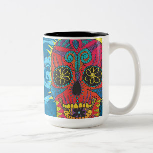 Day of The Dead Rainbow Skull Daisy Tribal Tattoo Two-Tone Coffee Mug