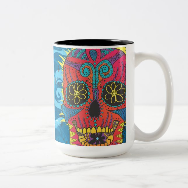 Day of The Dead Rainbow Skull Daisy Tribal Tattoo Two-Tone Coffee Mug (Right)