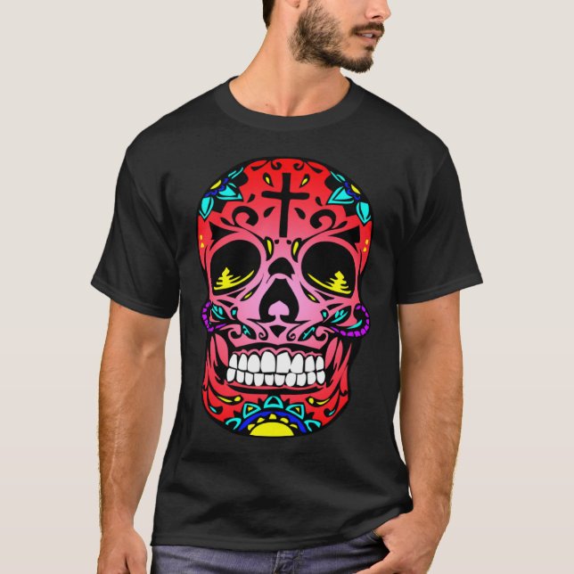 Day Of The Dead Red Face Cross Sugar Skull Hallowe T-Shirt (Front)